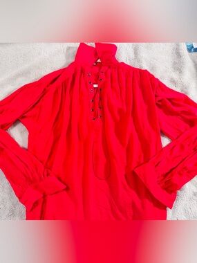 Women's Size M Red Lace-Up Peasant Blouse | Long Sleeve Crinkle Top